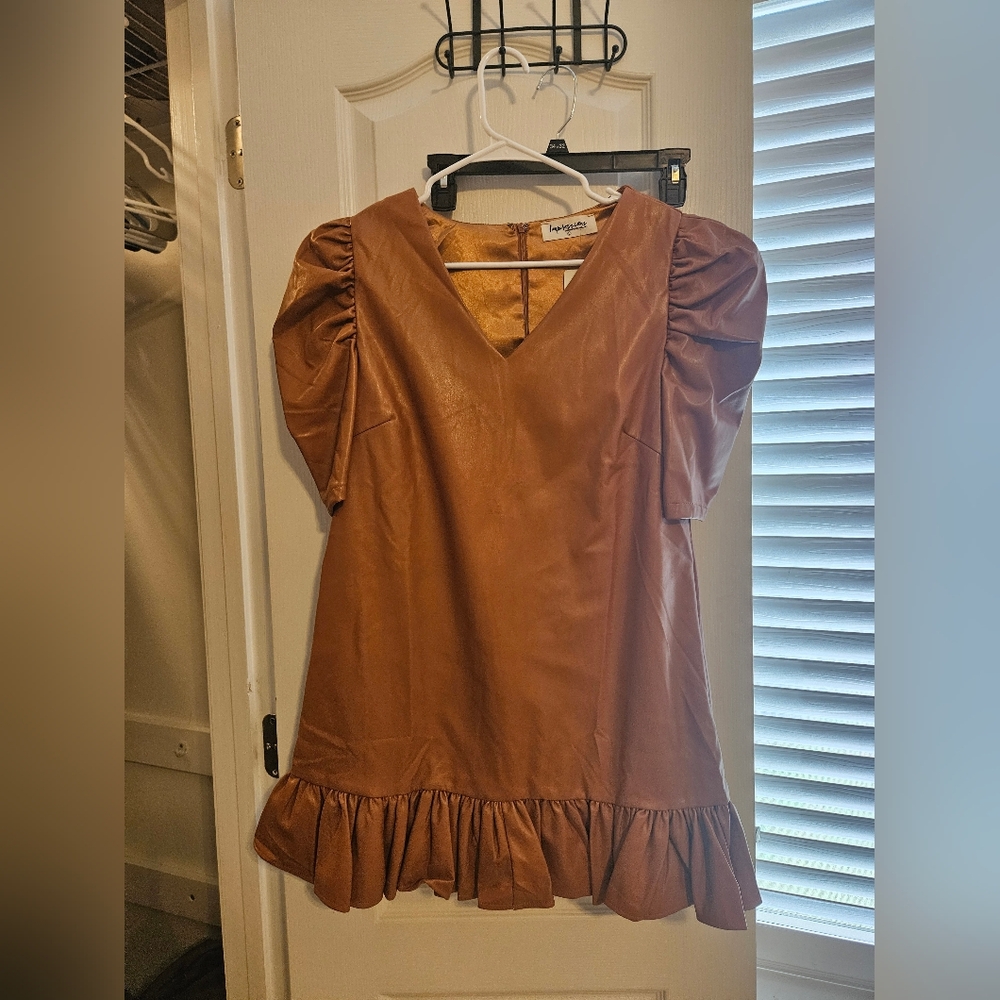 Impressions Rust Brown Vegan Leather Puff Sleeve Ruffle Hem Dress